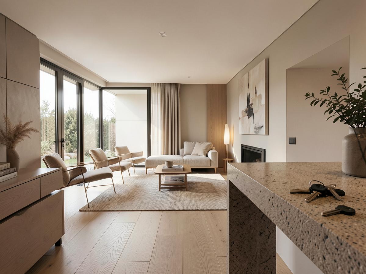 Interior de uma moradia nova concluída, com pavimento em madeira e luz natural